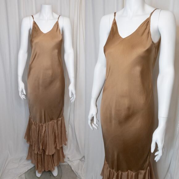 MES DESMOISELLES 'Marmalade' Silk Satin Bias Ruffled Maxi Gown FR 38 US 6 - Picture 3 of 13